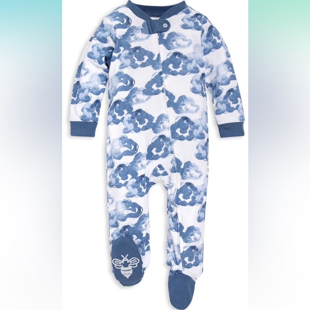 NWT 3-6 Burt's Bees Baby Blue and White Moonlight Clouds Footie Pajama Organic